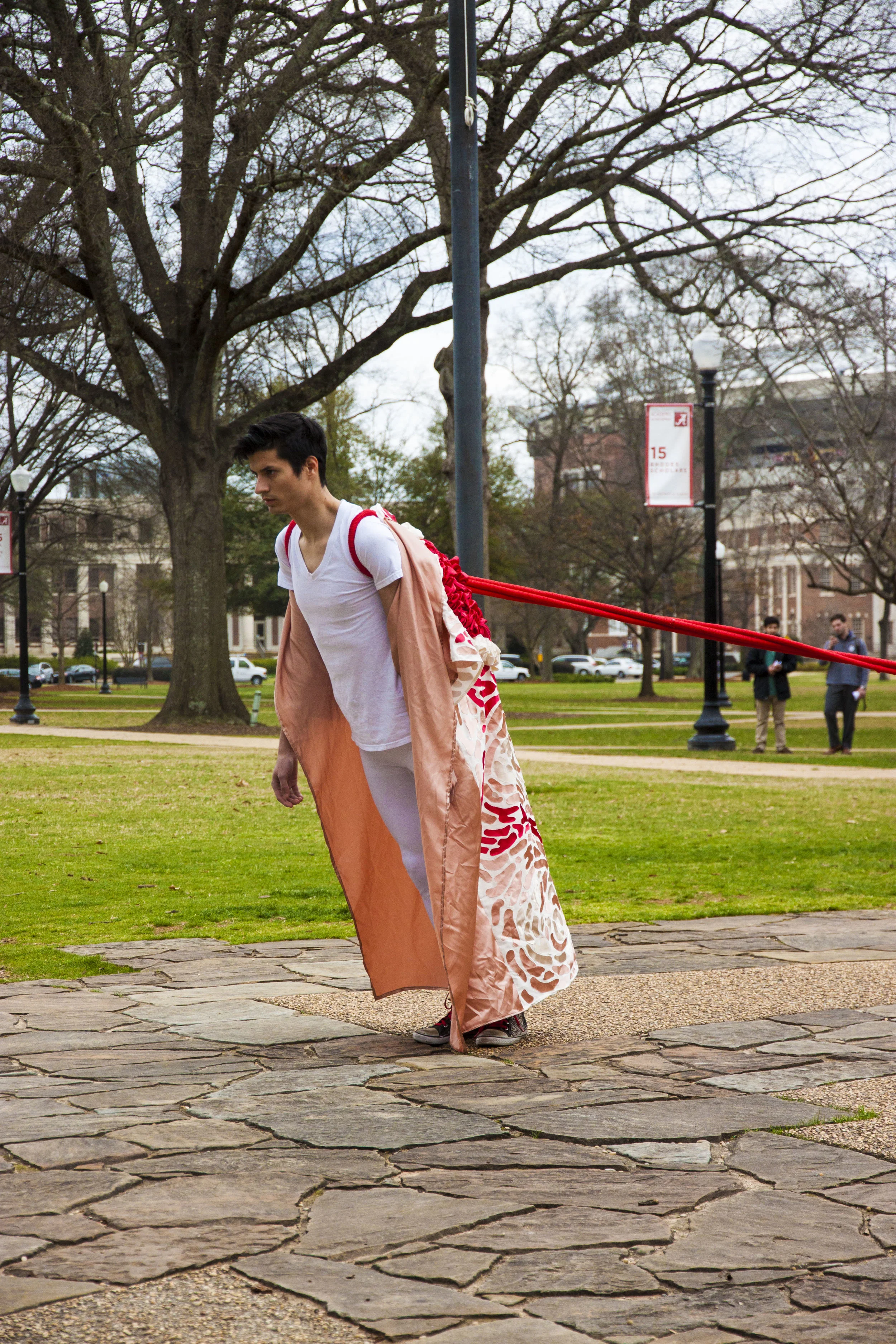   Together / Apart, 2015 . Performance. Cotton piping, fabric, macrame, hot glue. 