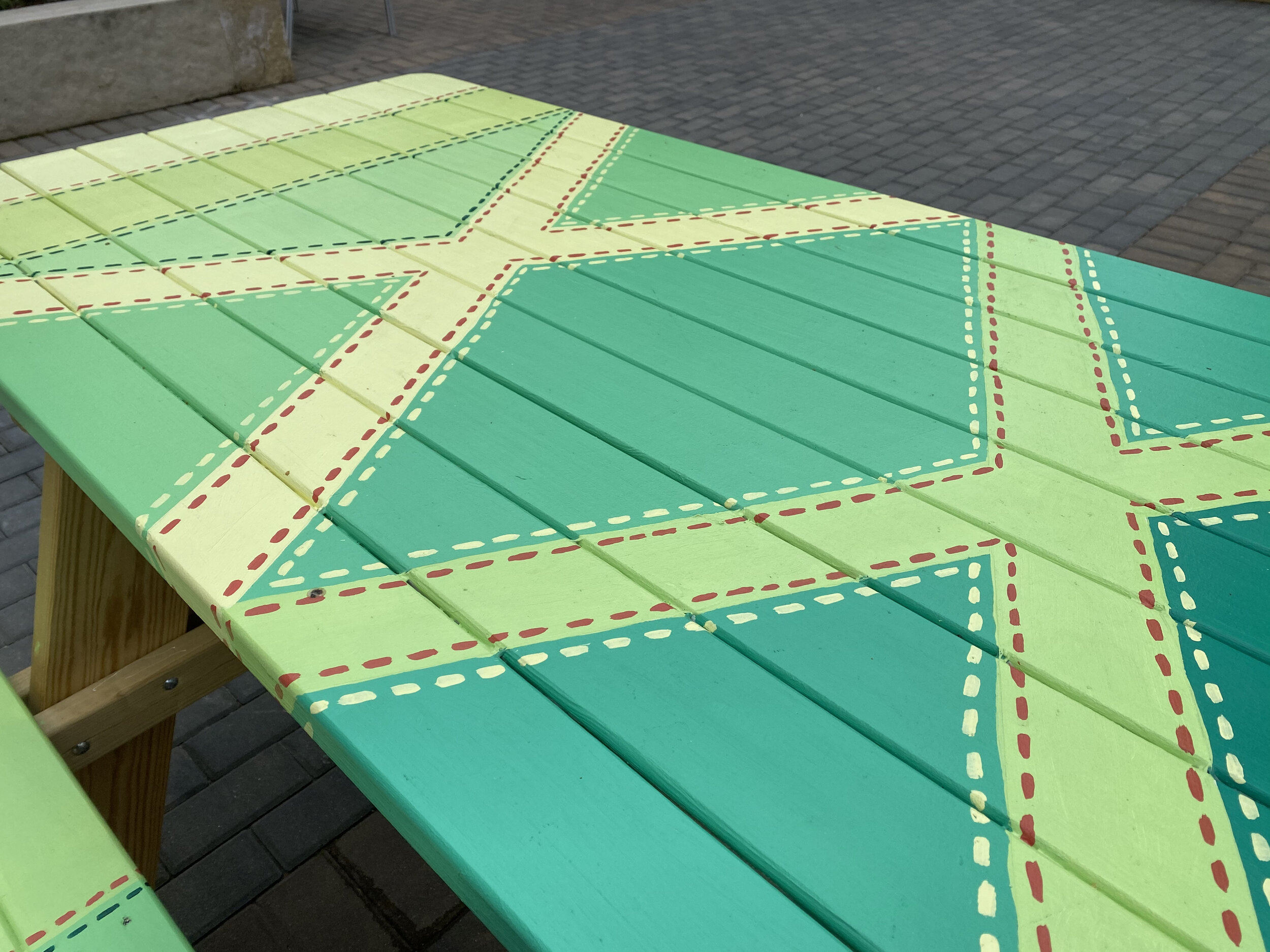  Neon Quilts (one of six picnic tables). 2020. Iowa City, IA.  