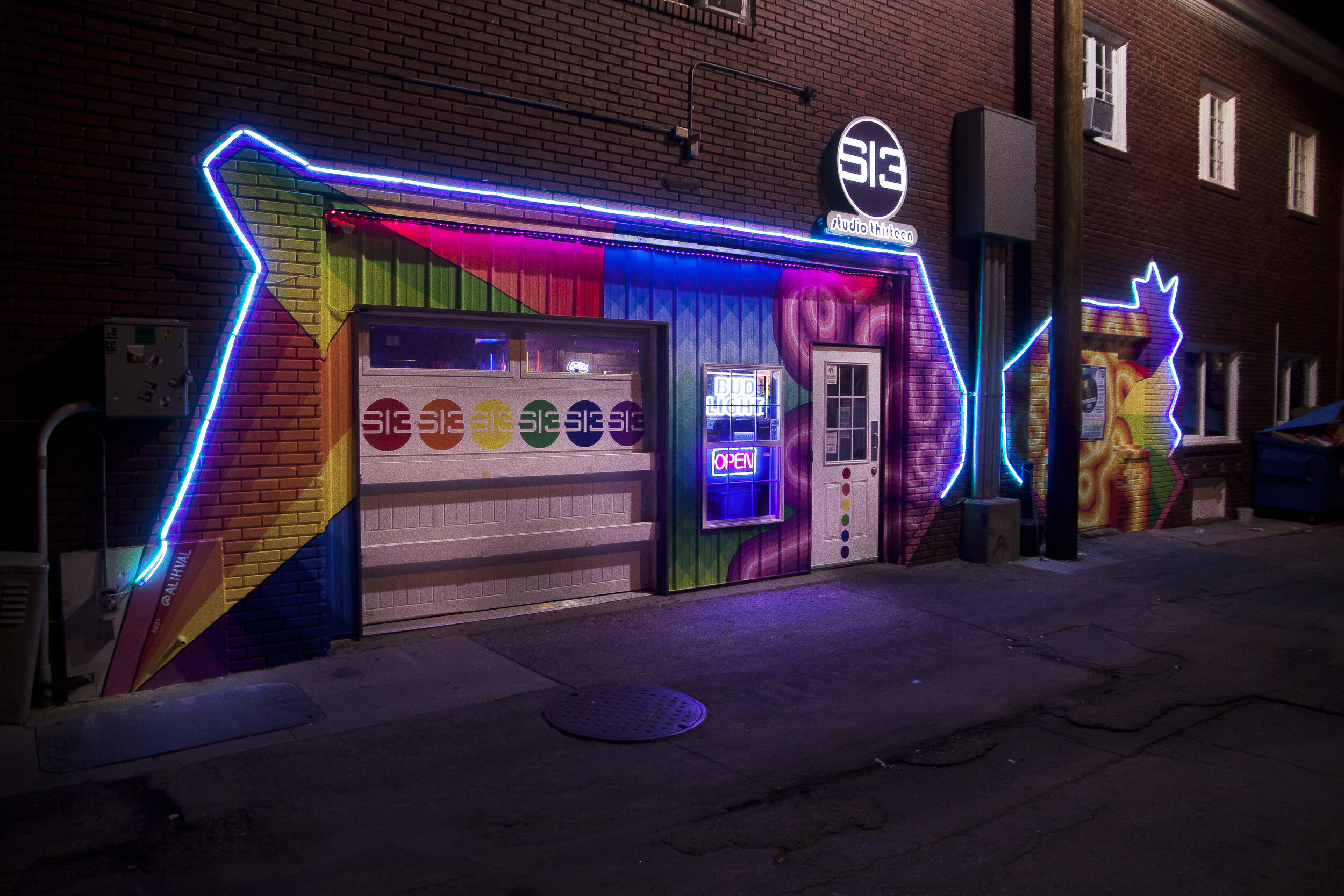   Studio 13 Mural (night) , 2021. Iowa City, IA. Approx. 40’x11’ 