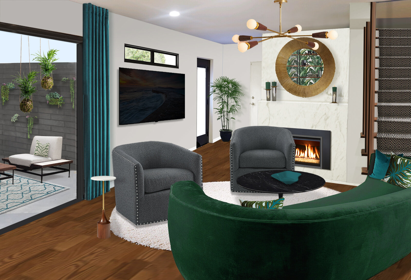 DESIGN: Entertaining/Den Space + Adjacent Patio in a Mid-century Modern Home