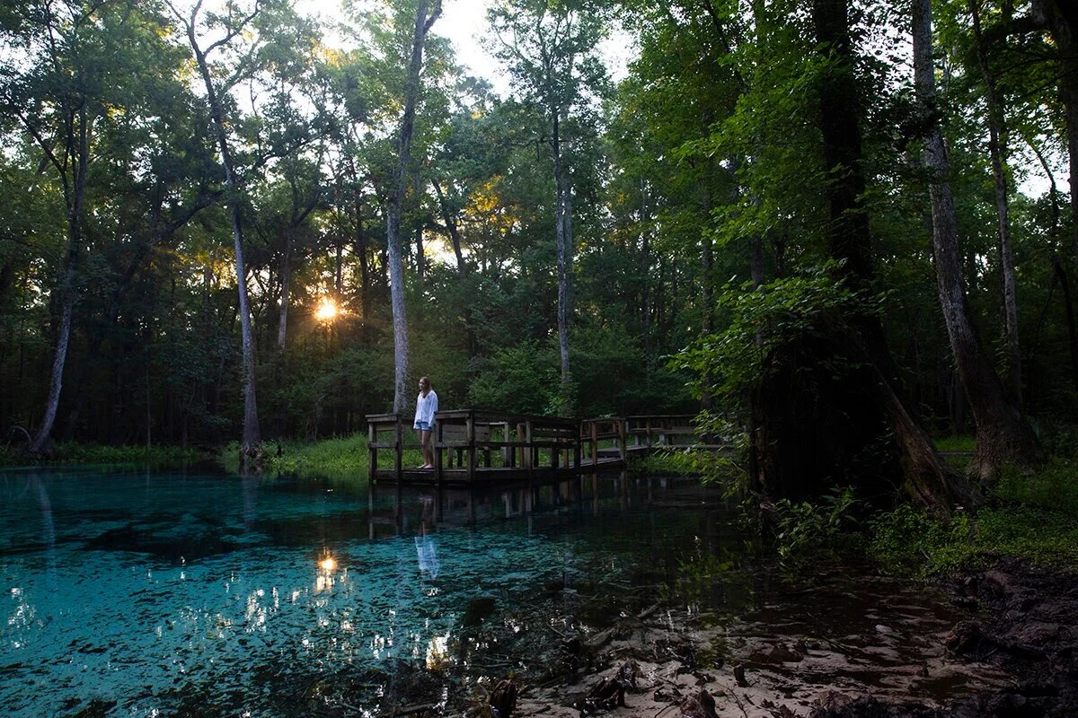     A visitor takes in the scenic view from the dock at Gilchrist Blue Springs State Park in Florida. 