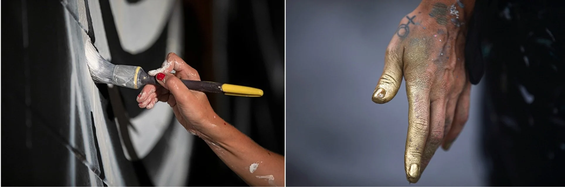  (Left) Beukes paints; (right) her hand is covered in gold paint. 