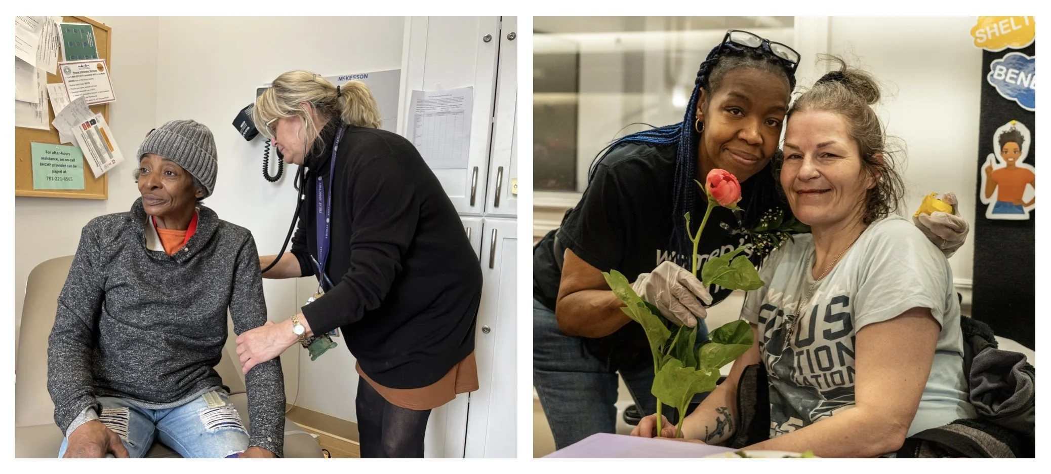 Left: a guest takes a stethoscope exam in our clinic, right: a guest is given a flower by a member of the women's lunch place staff in our community area
