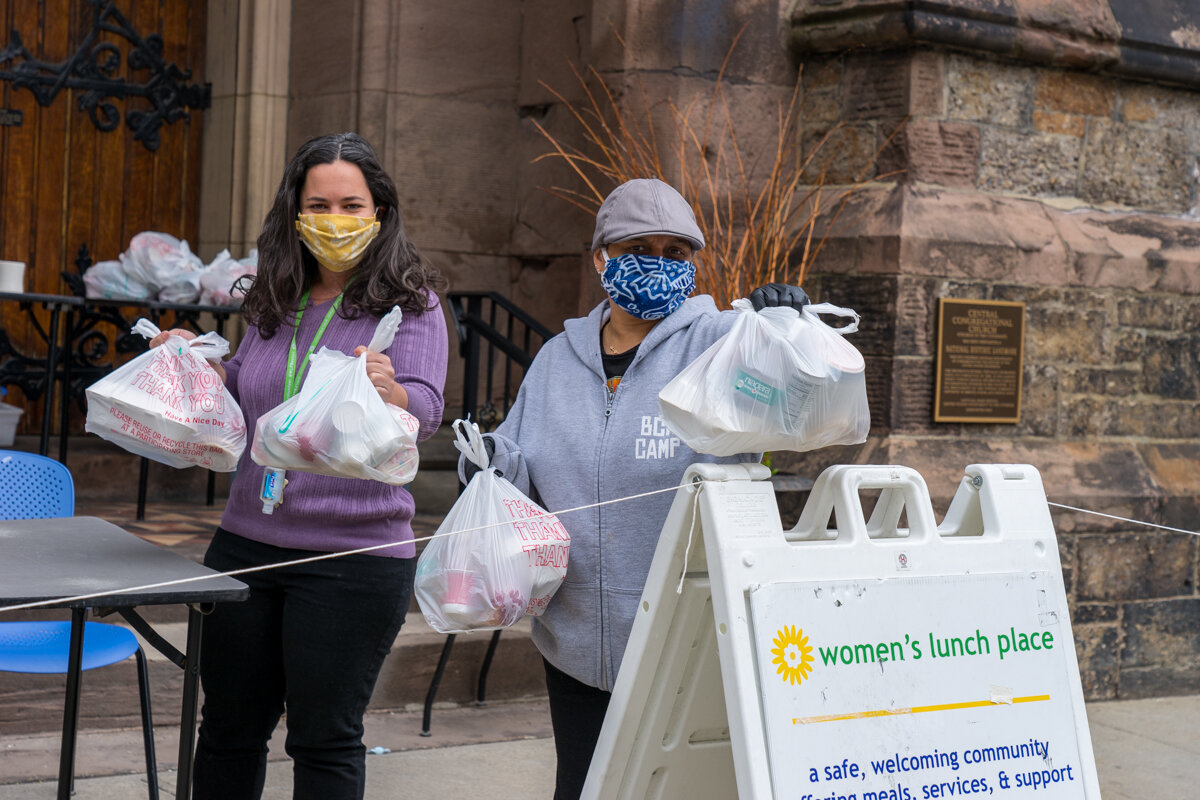  Direct Care team members provide takeout packages with nutritious meals, toiletries, PPE, and other basic necessities to women in need each day.     