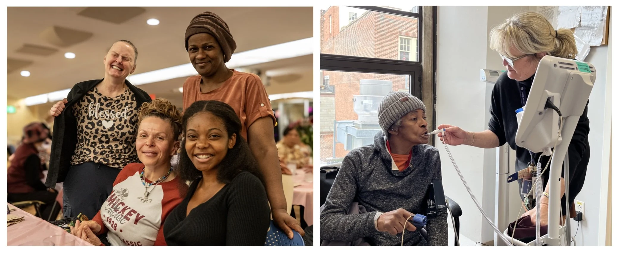 Left: guests smiling at a table in the community area, right: a guest has her temperature taken by a nurse in our clinic