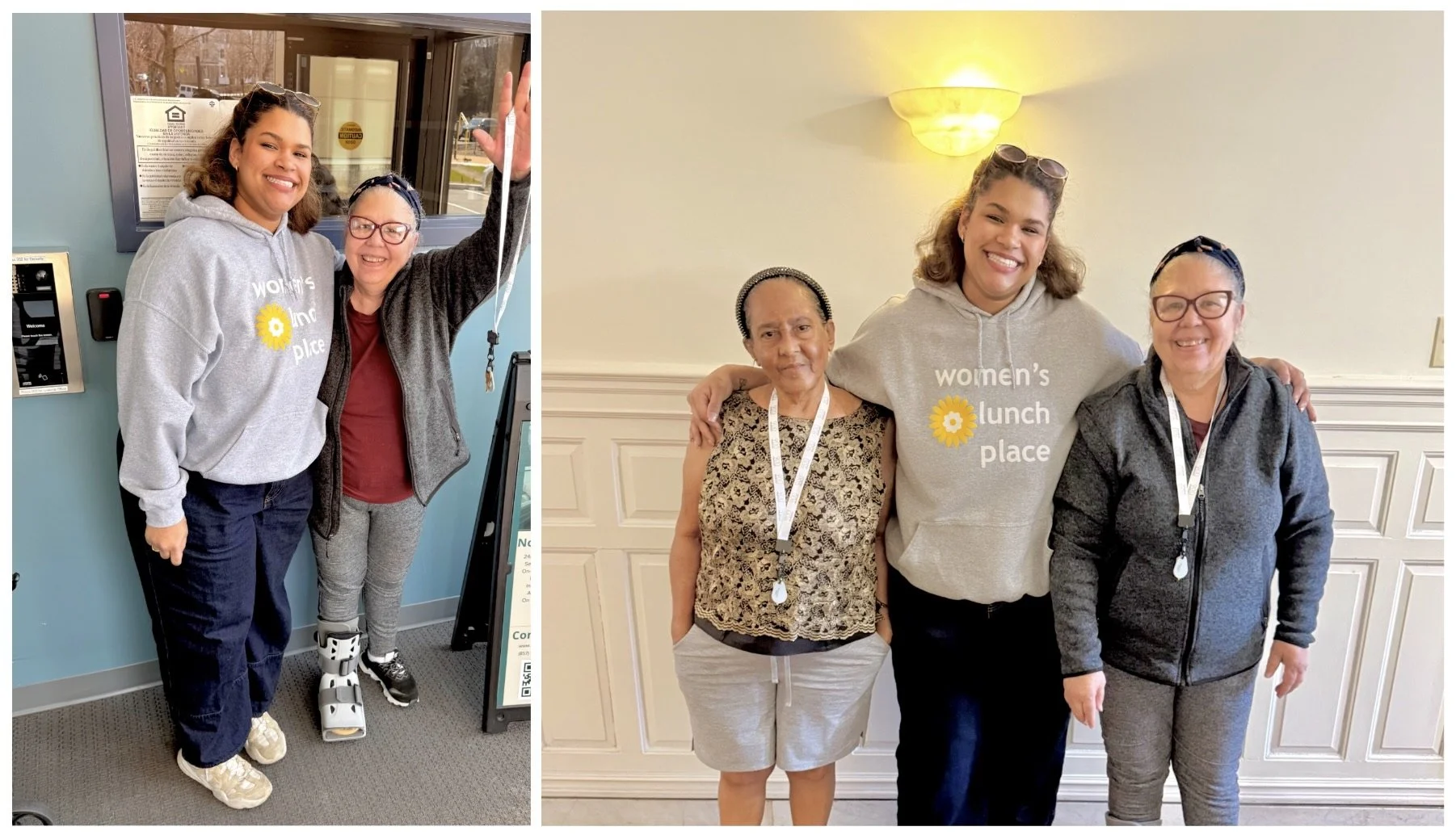 Two women smile with their case manager, holding the keys to their new apartments.