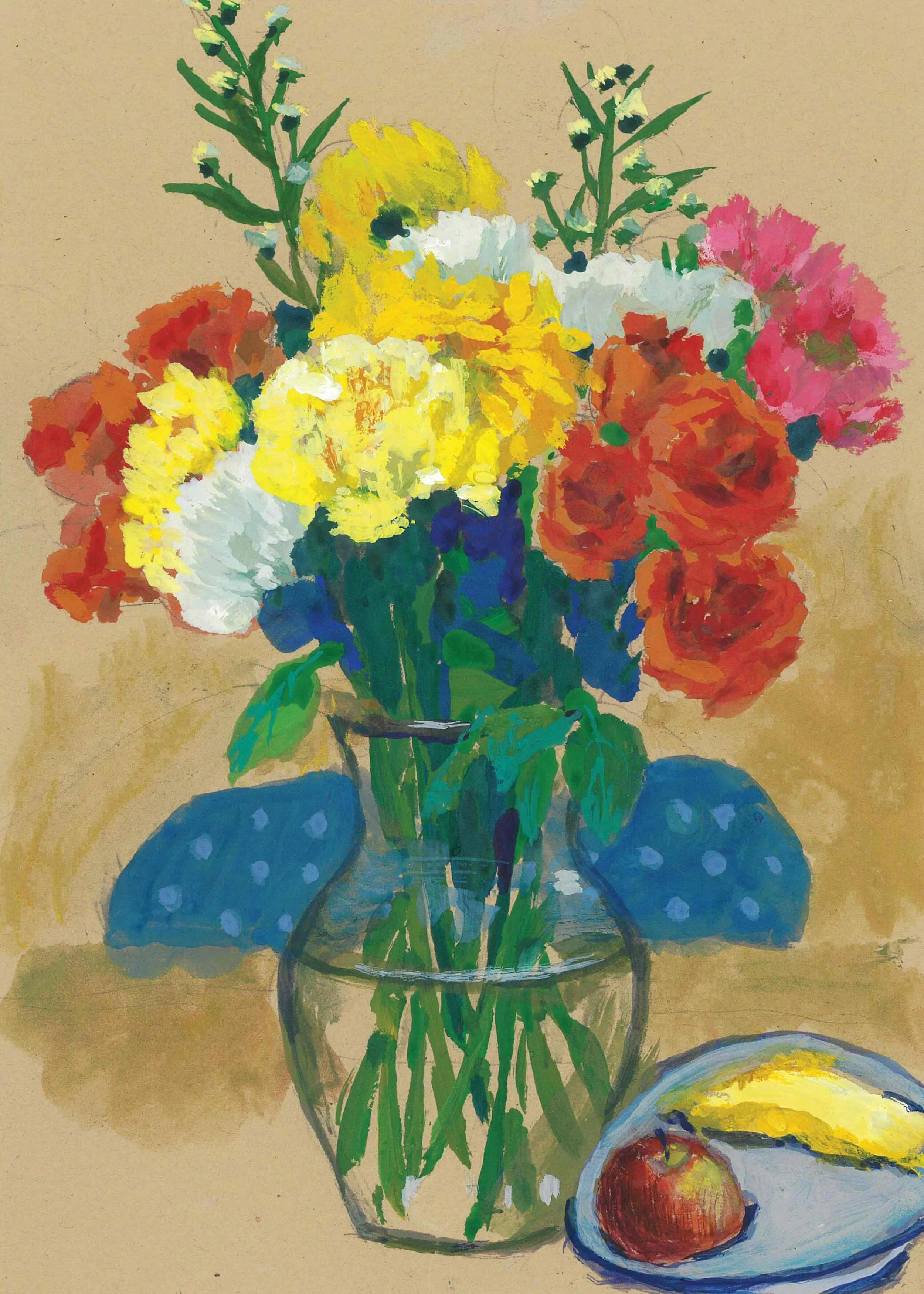 A painting of colorful flowers in a clear vase with fruit on a plate in the foreground.