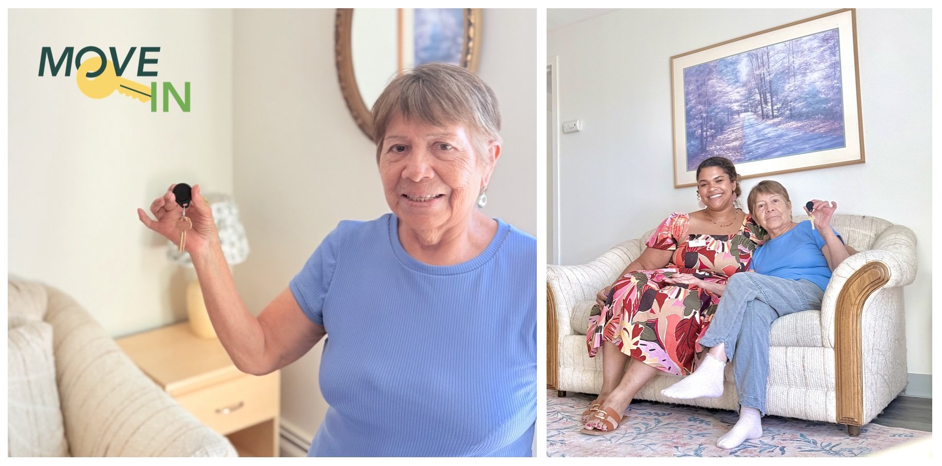 An older woman with short, brown-grey hair holds up the keys to her new apartment. In another picture, she sits next to her case manager on a sofa in a well-lit room with a painting of a forest in the background.