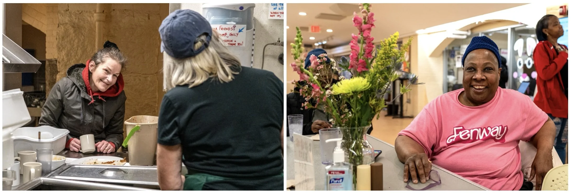 A guest smiling and interacting with the volunteer dishwasher. Another guest smiles at the camera next to a vase full of fresh flowers.