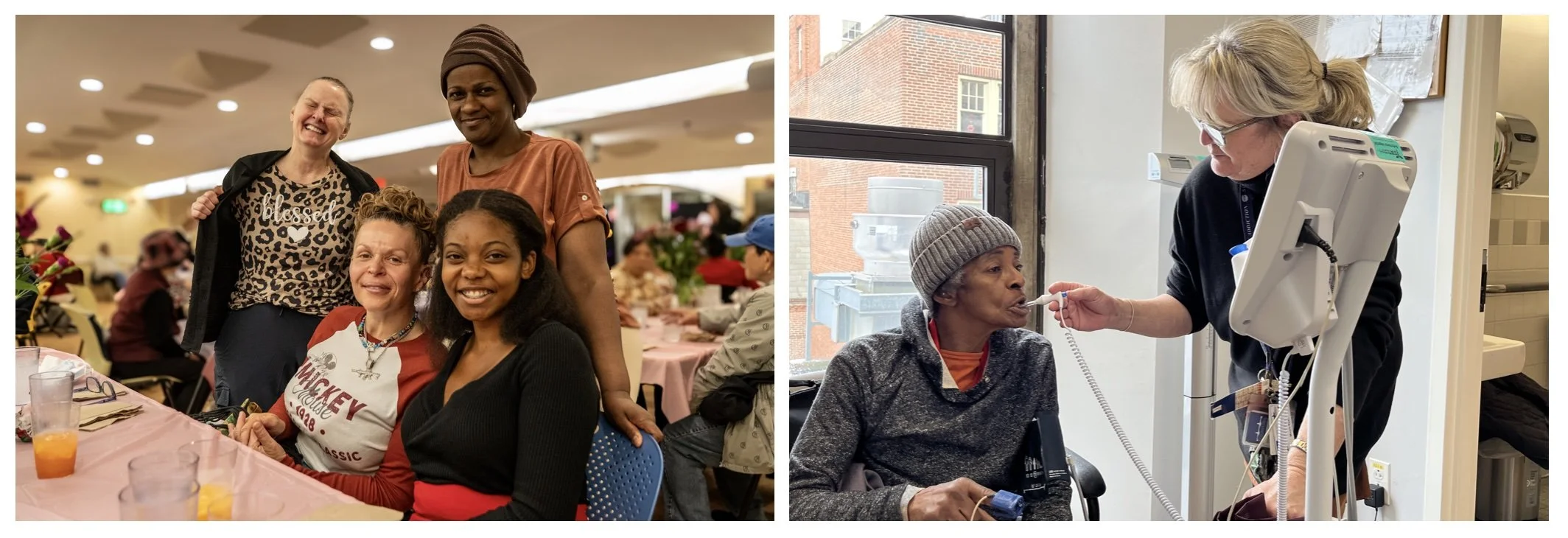 Left: guests smiling at a table in the community area, right: a guest has her temperature taken by a nurse in our clinic