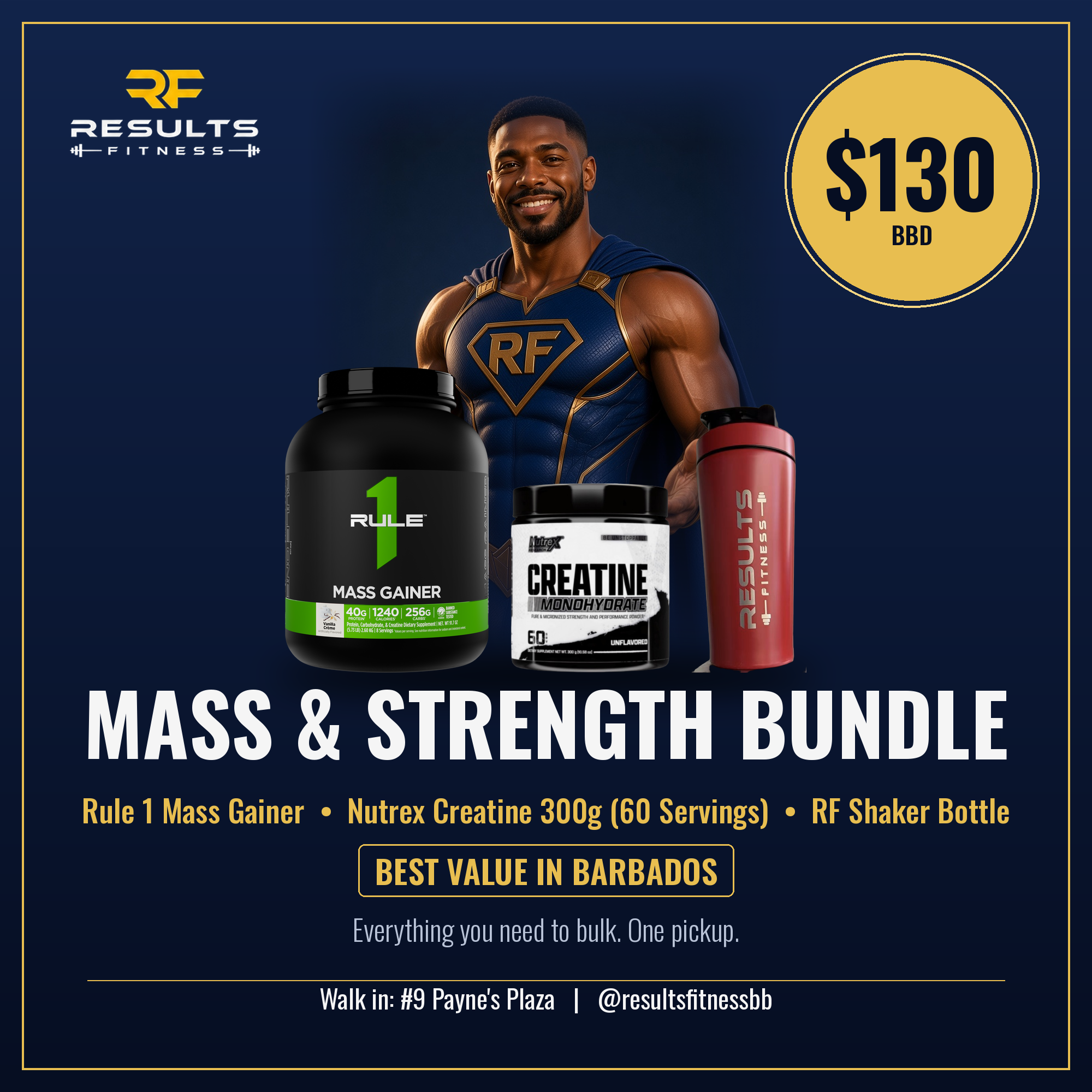 Mass & Strength Bundle – Rule 1 Mass Gainer, Nutrex Creatine 300g and RF shaker – Results Fitness Barbados