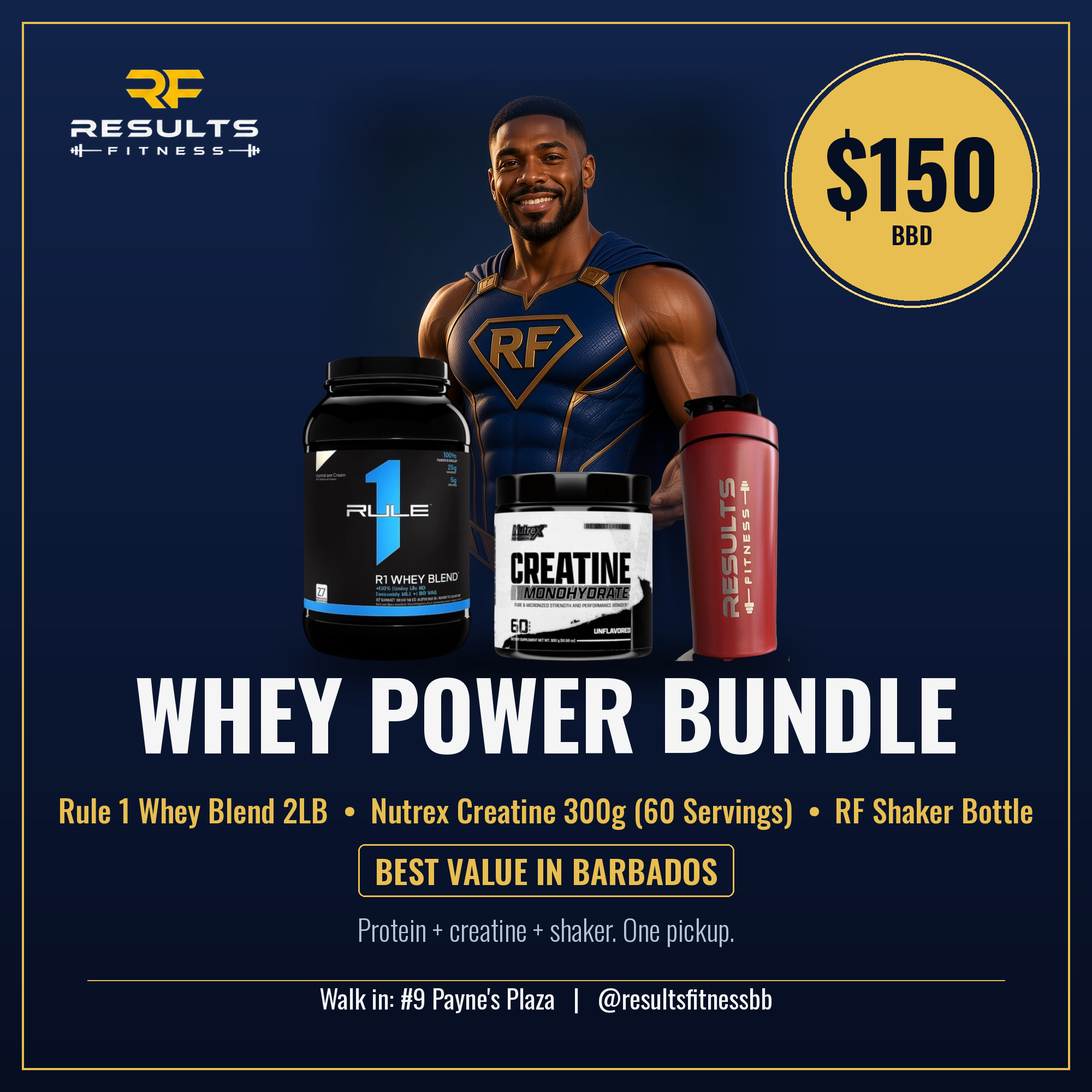 Whey Power Bundle – Rule 1 Whey Blend, Nutrex Creatine 300g and RF shaker – Results Fitness Barbados