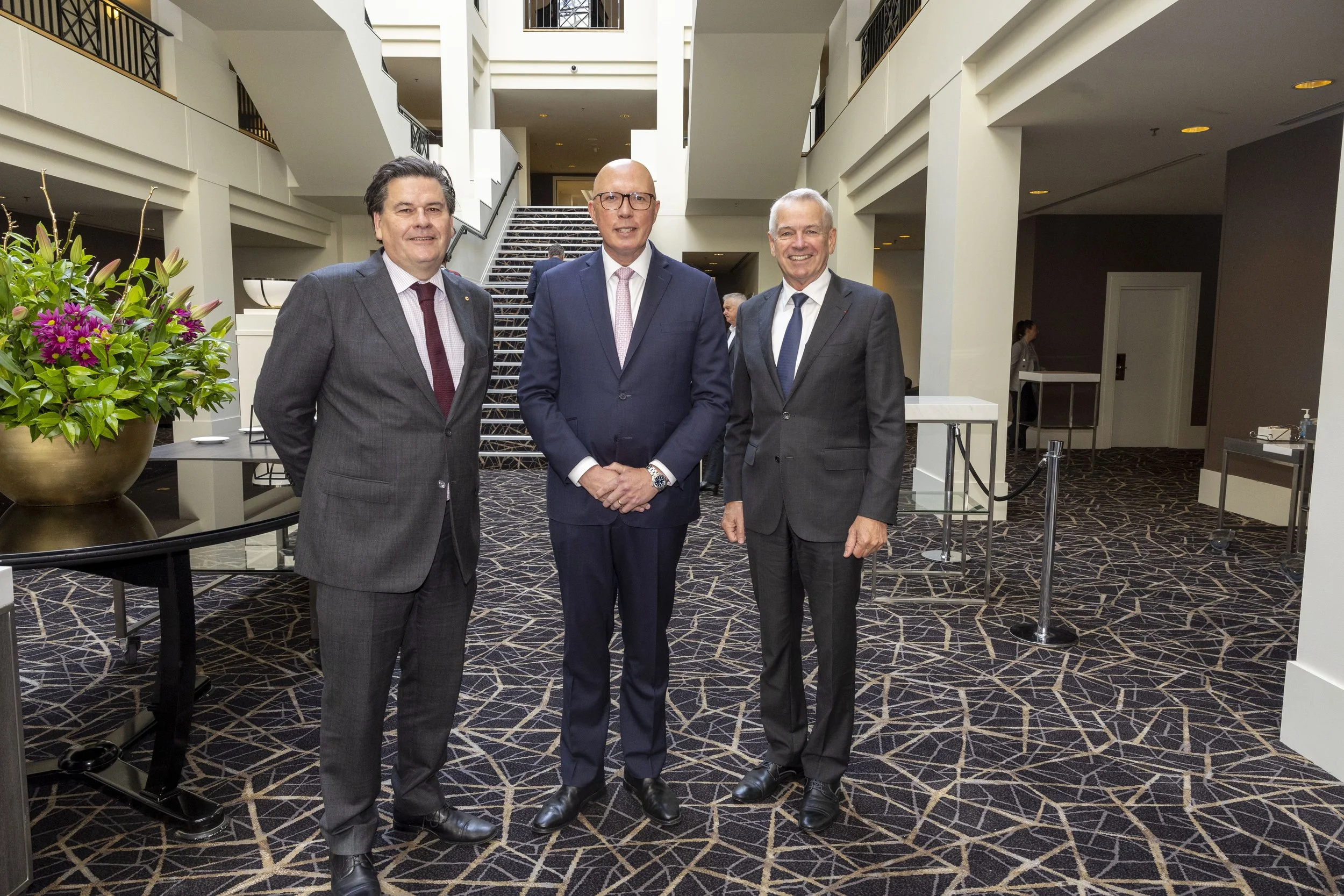  Australian Industry Group CEO Innes Wicox, Peter Dutton and National President, 𝗖𝗵𝗿𝗶𝘀 𝗝𝗲𝗻𝗸𝗶𝗻𝘀 at the Hyatt Hotel in Canberra, 2024. 