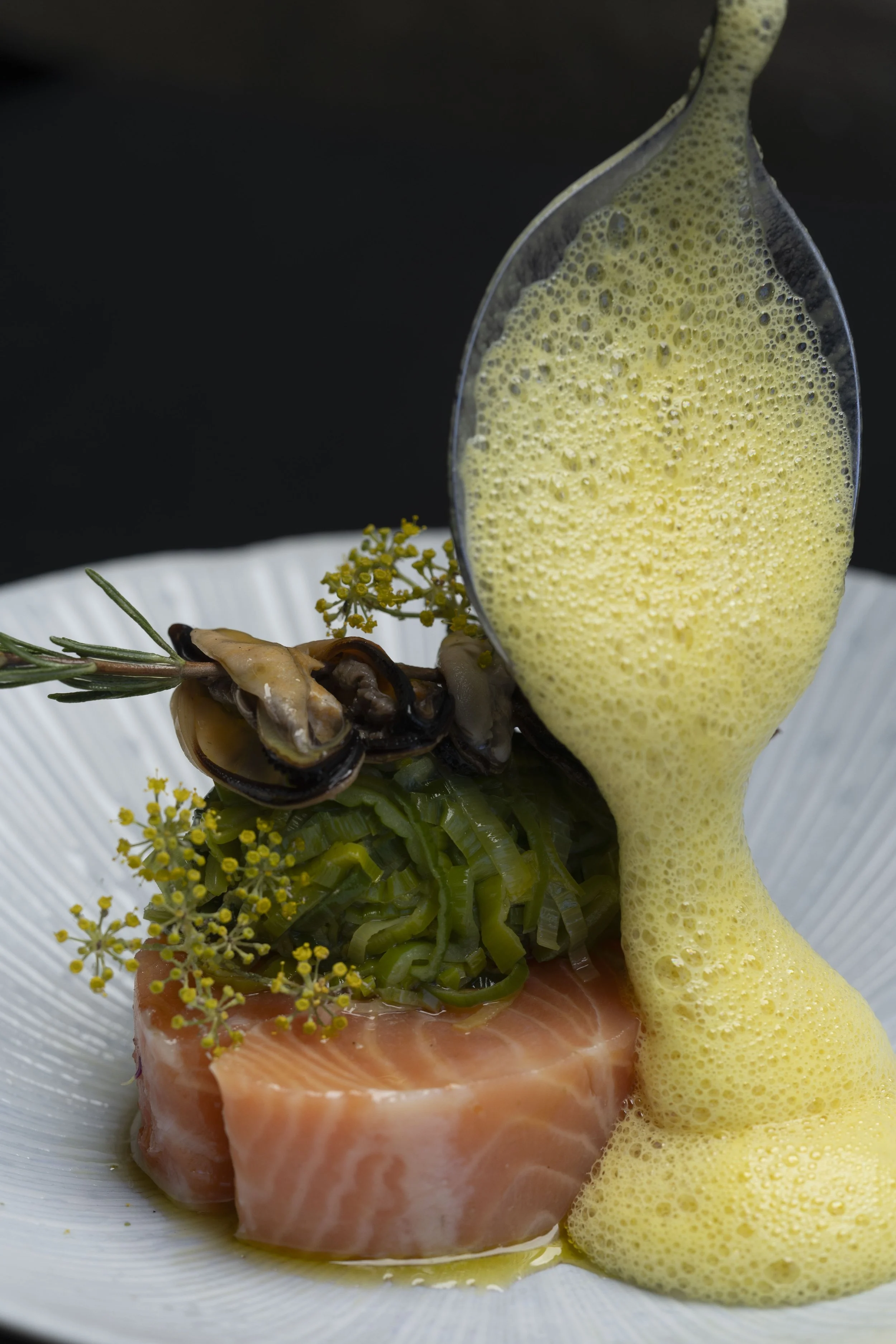 Confit salmon, leek fondue , bbqued mussel, saffron veloute.GR1_2312.jpg