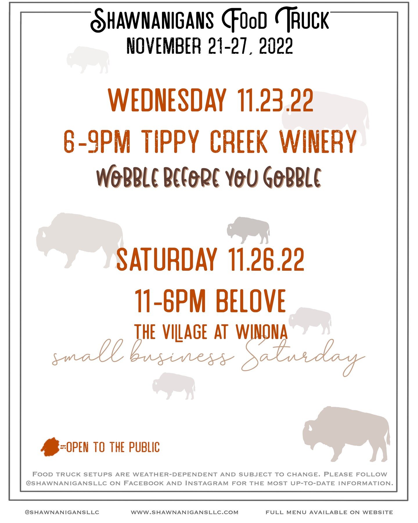 Happy Thanksgiving week! We have just two setups this week, but they're both going to be so fun because we get to hang out with some of our favorite small businesses. 

On Wednesday evening, find the truck at @tippycreekwinery for Wobble Before You G