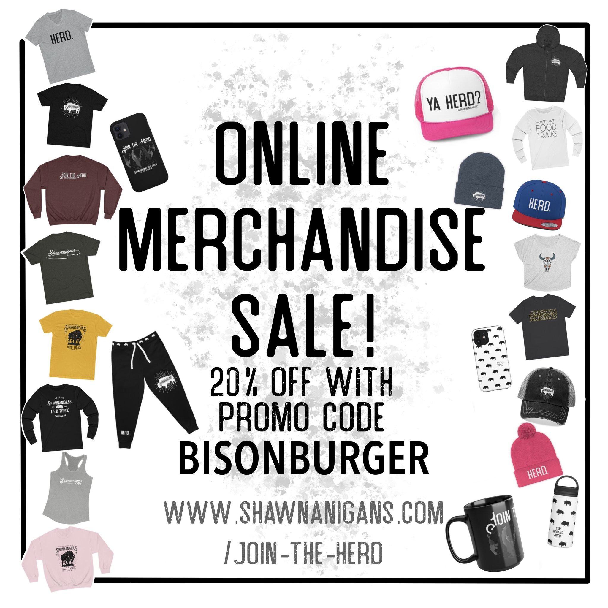 Let's keep the sale train rolling! 

Remember, gift cards are 20% off with code BISONBURGER until Saturday night

AND we're having a merchandise sale! Everything in our merch store is 20% off through the weekend with the code BISONBURGER

Woo!!! Fill