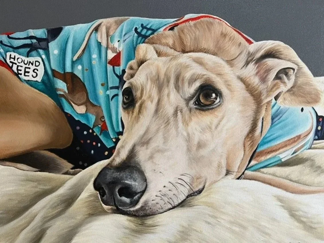 Hand-painted acrylic pet portrait commission of a greyhound by Tia Alysse