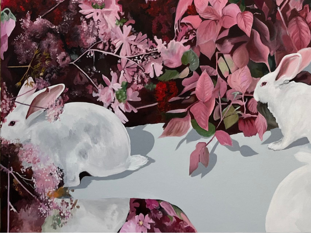 Original hand-painted acrylic artwork of white rabbits among pink blossoms by Tia Alysse