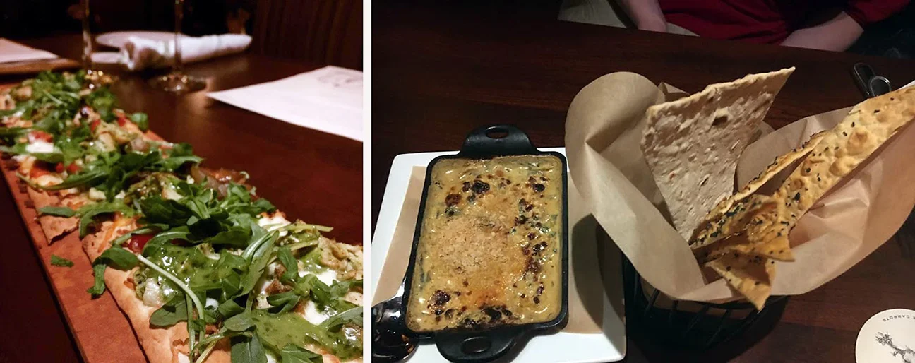 Garlic Pesto Chicken Flatbread and Artichoke/Brussel Sprout Dip goes well with white wine.