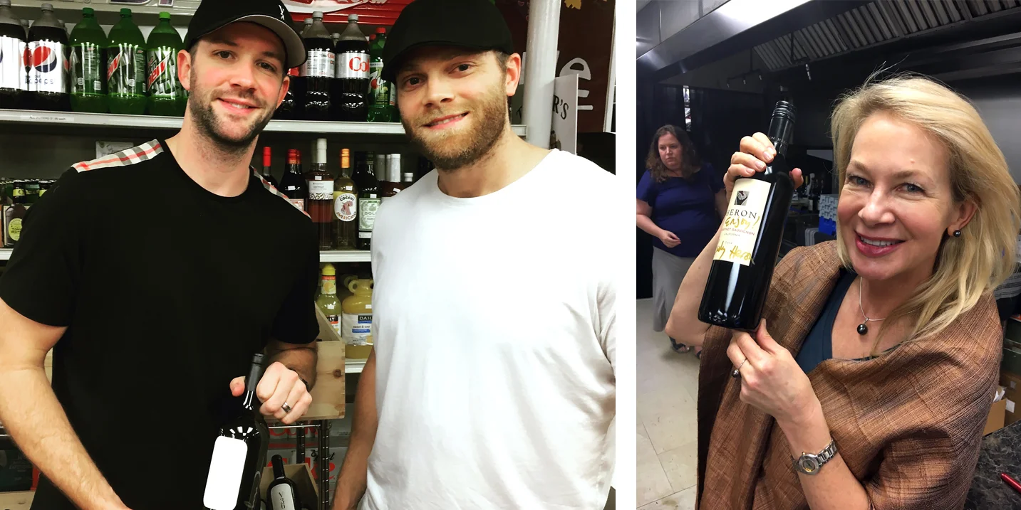 Carolina Hurricane's Cam Ward and Tim Gleason, left, with a bottle of their Vineyard 36 wine – and Laely Heron, right, of Heron Wines in San Francisco poses with a signed bottle.