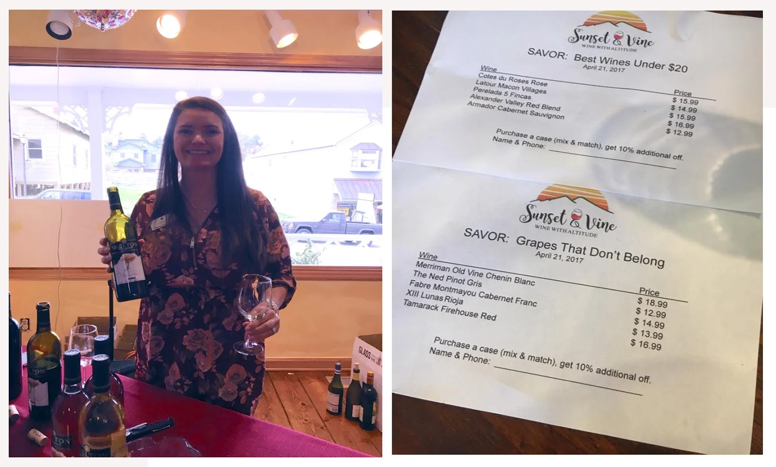 Christina with Shelton Winery pours wine inside Sunset and Vine wine shop.