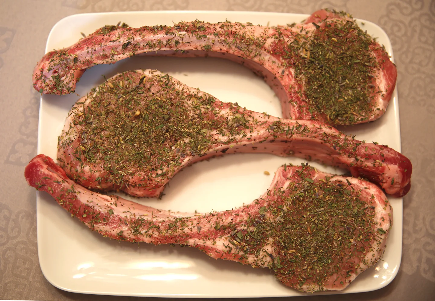 The massive Tomahawk Pork Chops tasted superb with the addition of the Herbs de Provence.
