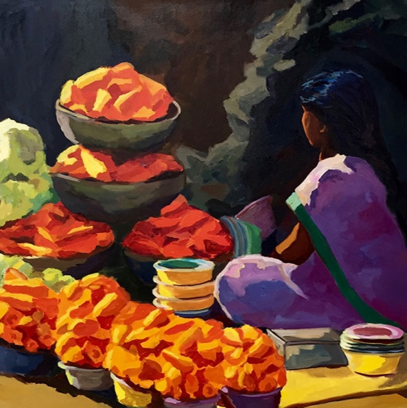 Morning Market, Bangalore I, 42x42, oil on canvas 2017