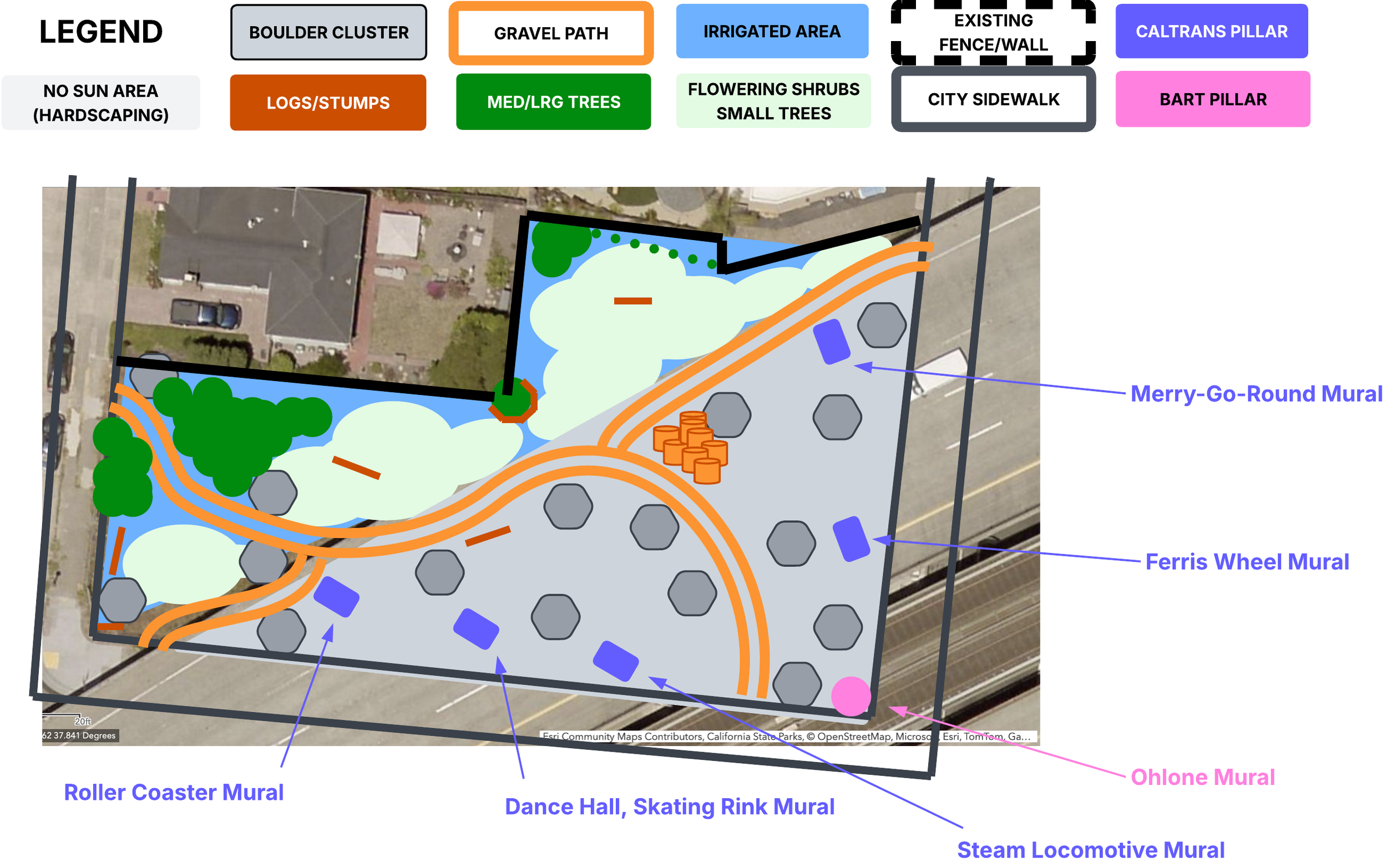Aerial view of the lot with high-level schematic of vegetation areas, paths, and hardscaping