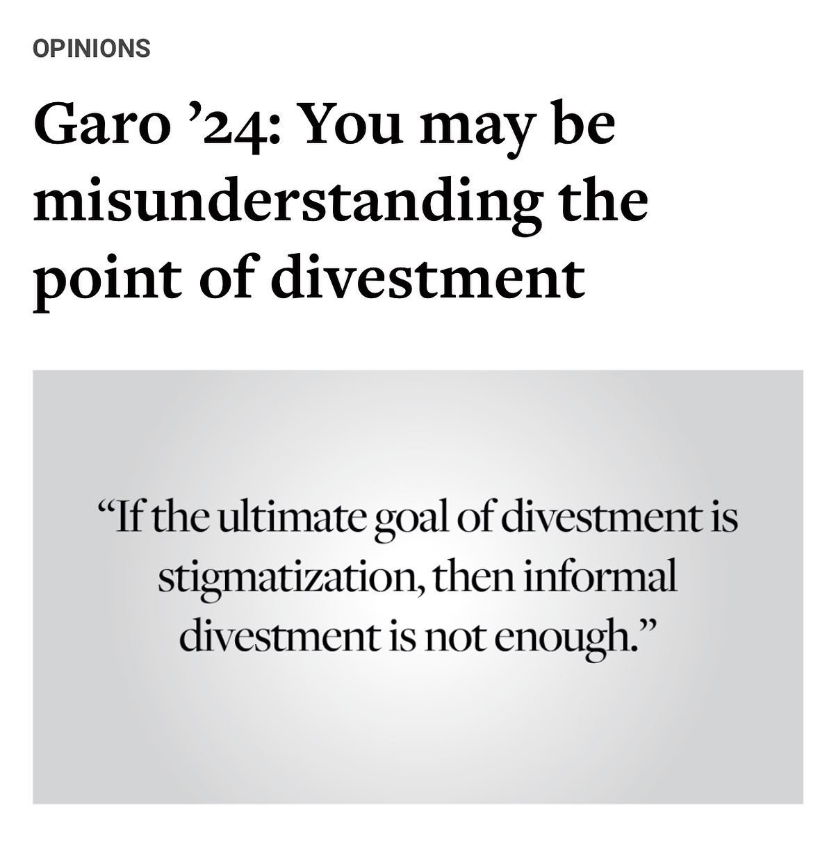 AND go read Isabella Garo&rsquo;s new Op-Ed which breaks down the function of divestment. Link in bio.