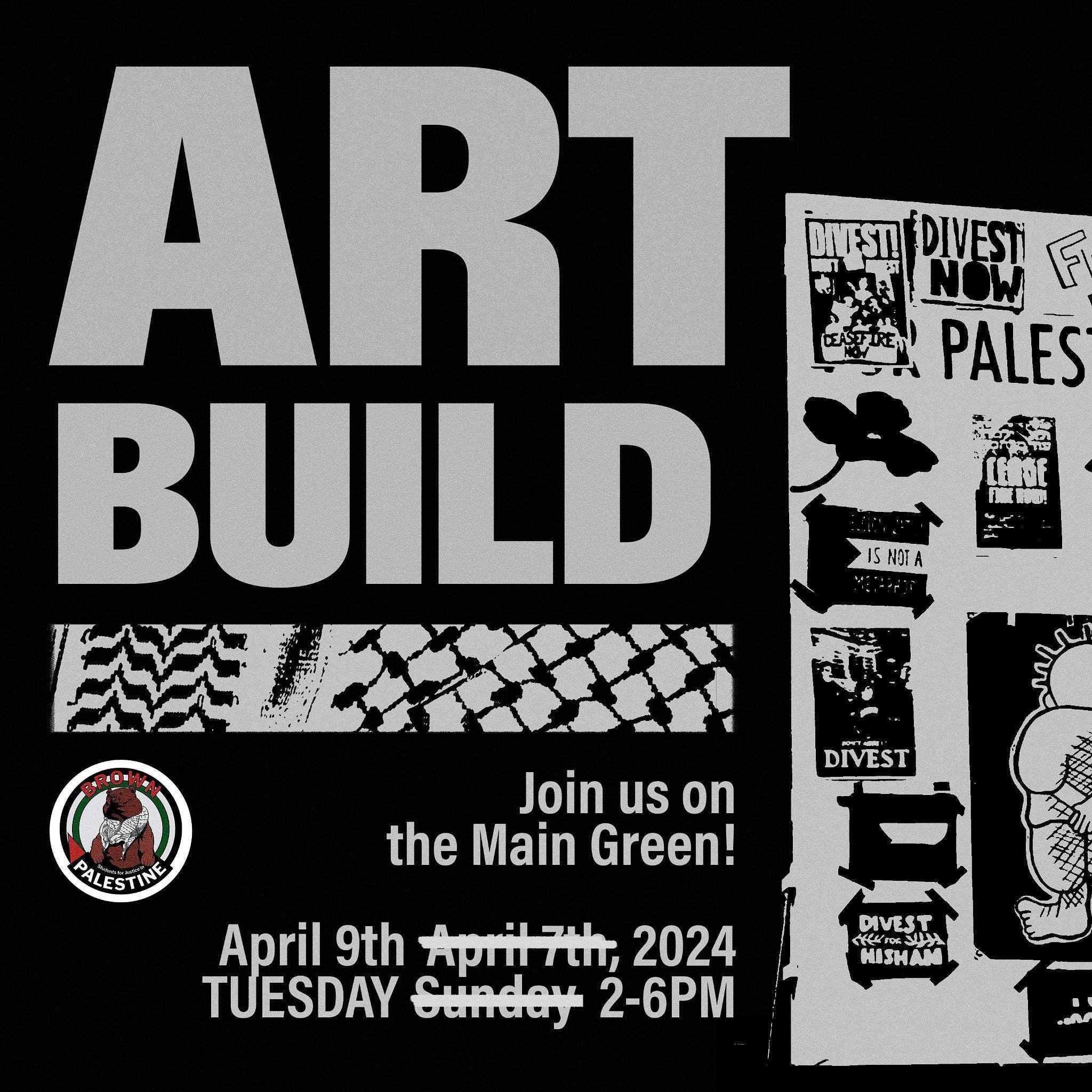 ART BUILD TOMORROW (TUESDAY 4/9). MAIN GREEN, COME BY.