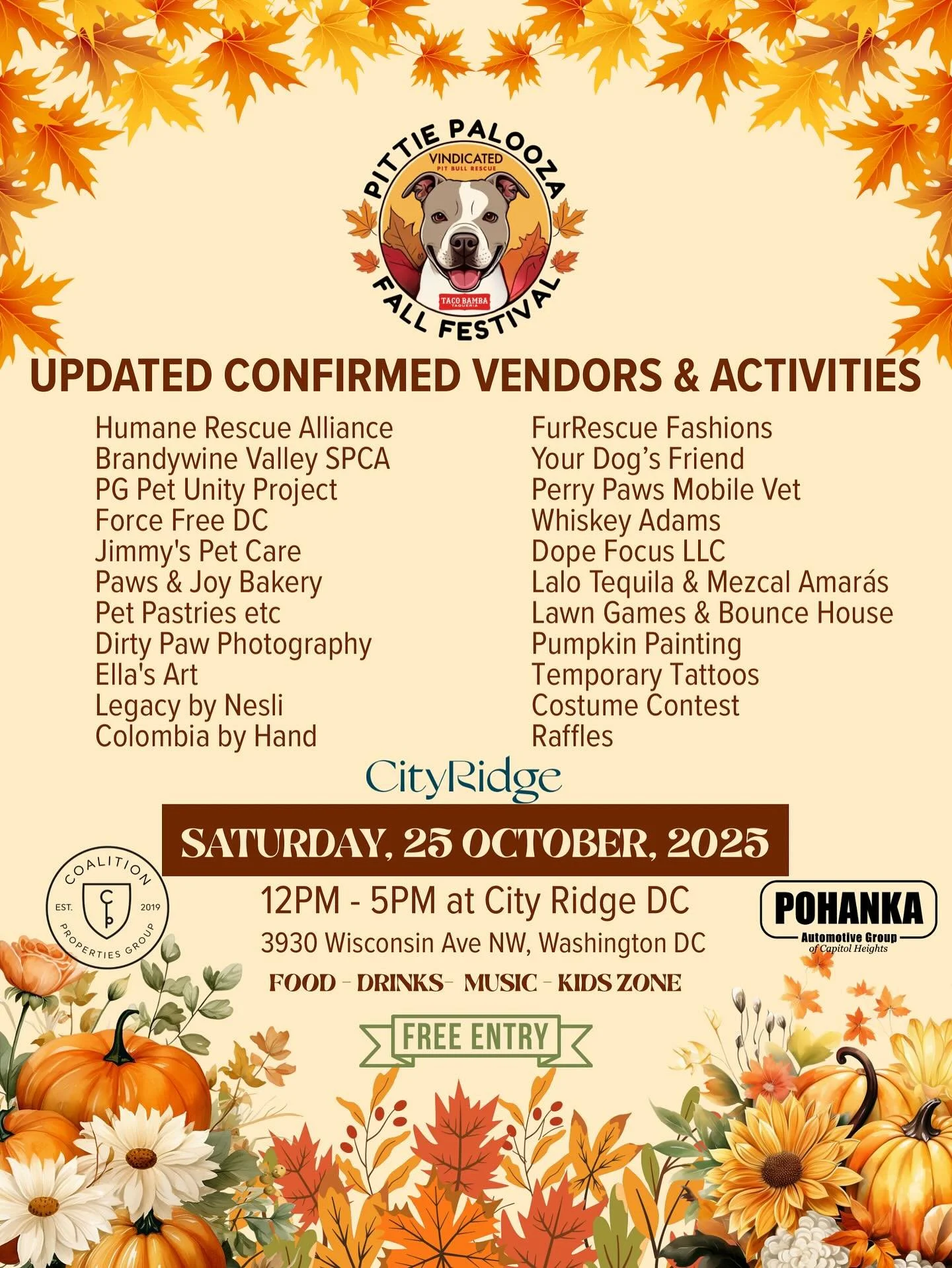 🍁UPDATED List of Vendors & Activities 🍁 
We are so excited to announce even more vendors & activities for Saturday’s Fall Pittie Palooza Festival 🍂
There will be something for everyone. Click the link in our bio to head to the even