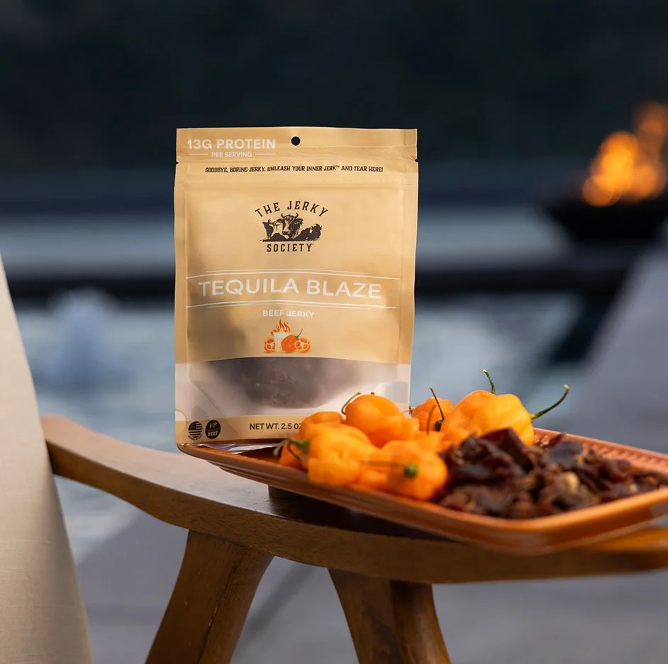 lifestyle image of Tequila Blaze jerky packaging