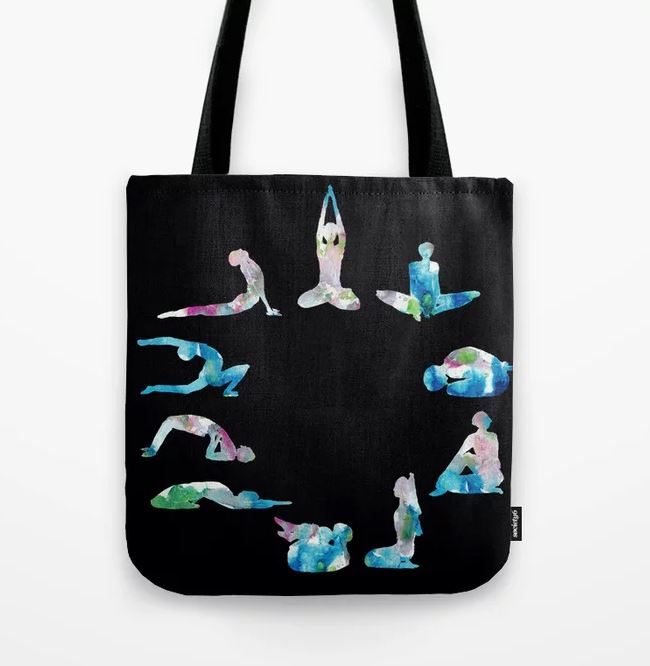 Yoga illustration in Watercolour- on black Tote Bag