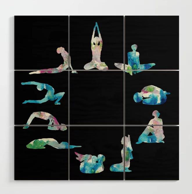 Yoga illustration in Watercolour- on black Wood Wall Art