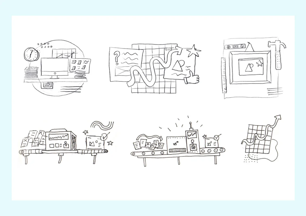 These are some sketches for various illustrations to be used throughout the site.