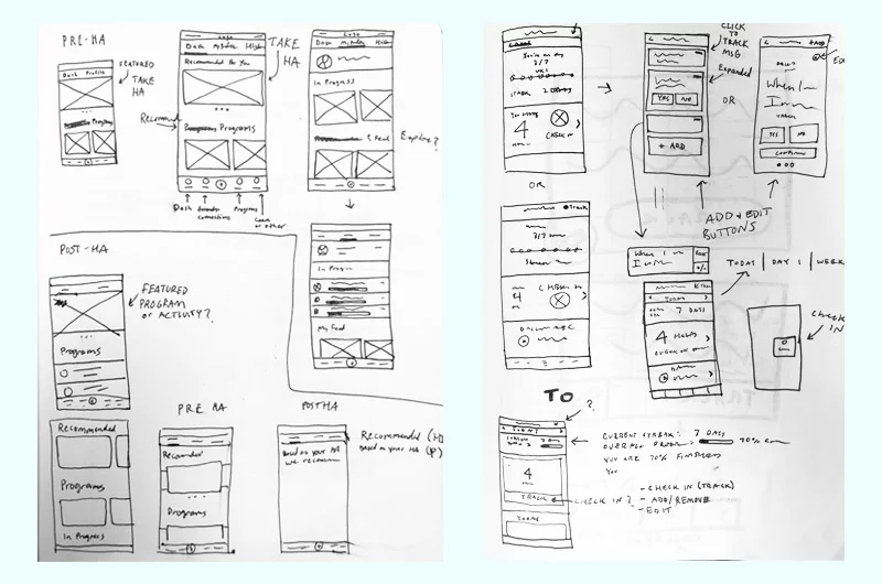 Early wireframe sketches from a brainstorm session.