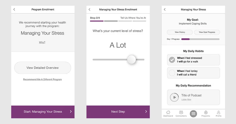 Early wireframes for prototypes and testing. (From left) Screen 1: an early screen that would appear if a user is recommended to join a stress program, screen 2 a screen from stress program enrollment, screen 3 is the view a user sees each day when …