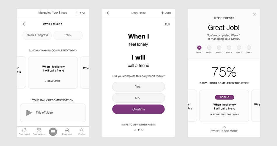 More early prototypes. (From left) Screen 1: another iteration of the daily view a user would see to check in on habits, screen 2: the expanded view where a user could quickly swipe through and check-in, screen 3: the end-of-week recap to show progr…