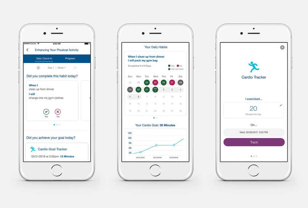 Here are a few of the final screenshots. We updated the prototypes to reflect some of the changes we discovered via user testing. For example, we included a calendar view on the progress page to provide a quick glimpse at the daily progress made ove…