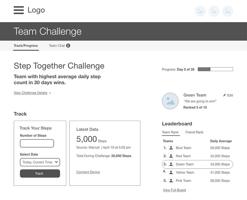 This was a concept of how to display the information where a user would log their step data and view their team progress. I went through a number of examples for this page in the early lo-fi stage.