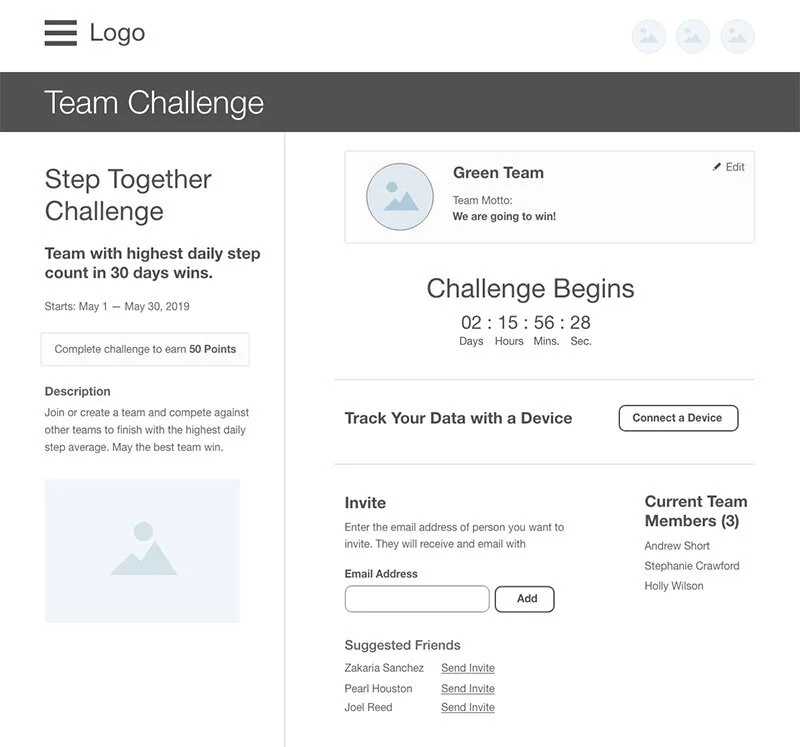This is an early lo-fi of the “enrollment period” the instance where a user has joined the challenge but it has not officially started yet.