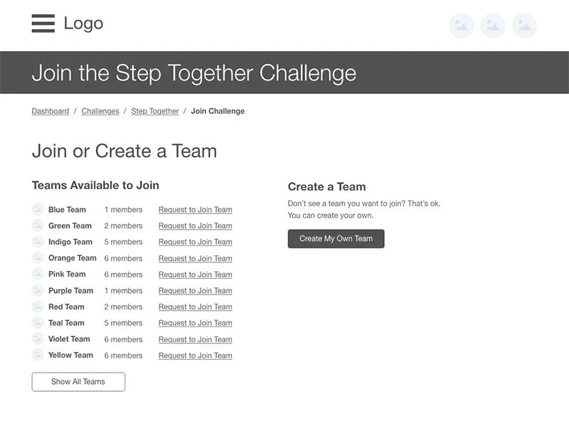This is an early wireframe of the new screen to join or create a team.