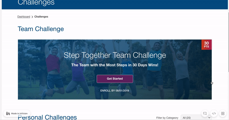 The clip above shows a user joining an existing team. One thing we added after usability testing was a prompt for a user to add their personal tracking device (such as a Fitbit) to track automatically for them during the challenge.