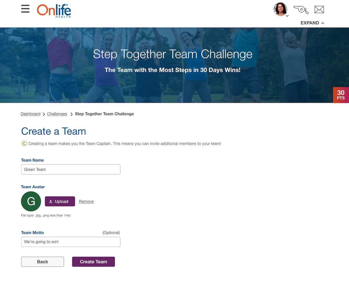 Users are provided with option of joining or creating a team. The screen above is the team creation page.