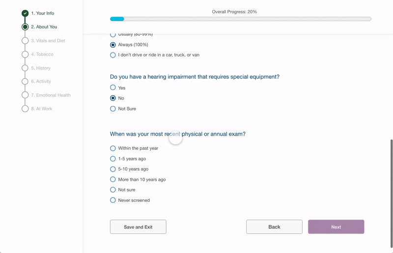 The clip above shows the interaction where a user completes a portion of the survey and receives a “snapshot report” to communicate how their health fares in comparison to recommended health metrics.
