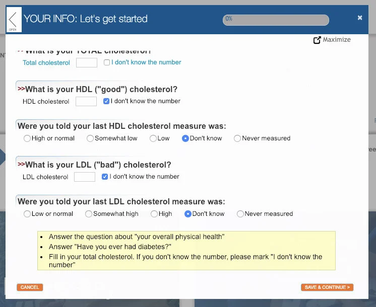 Screenshot of the previous health assessment before the redesign.