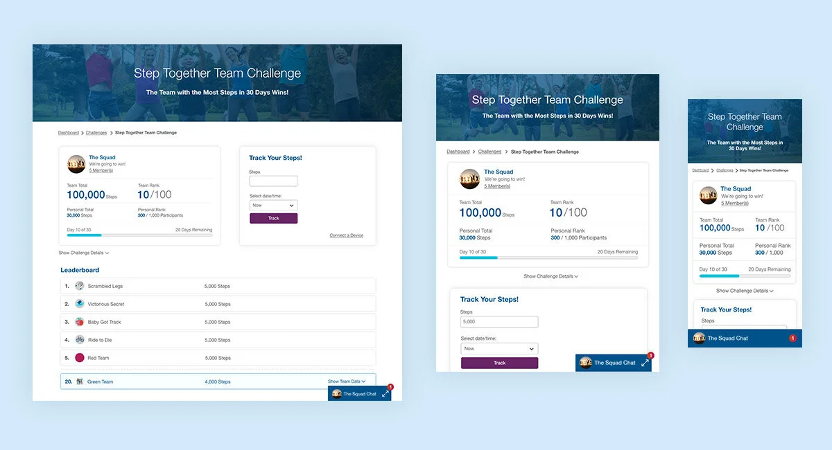 Pictured above: three different device sizes (laptop viewport, tablet and mobile) for the challenge tracking page.