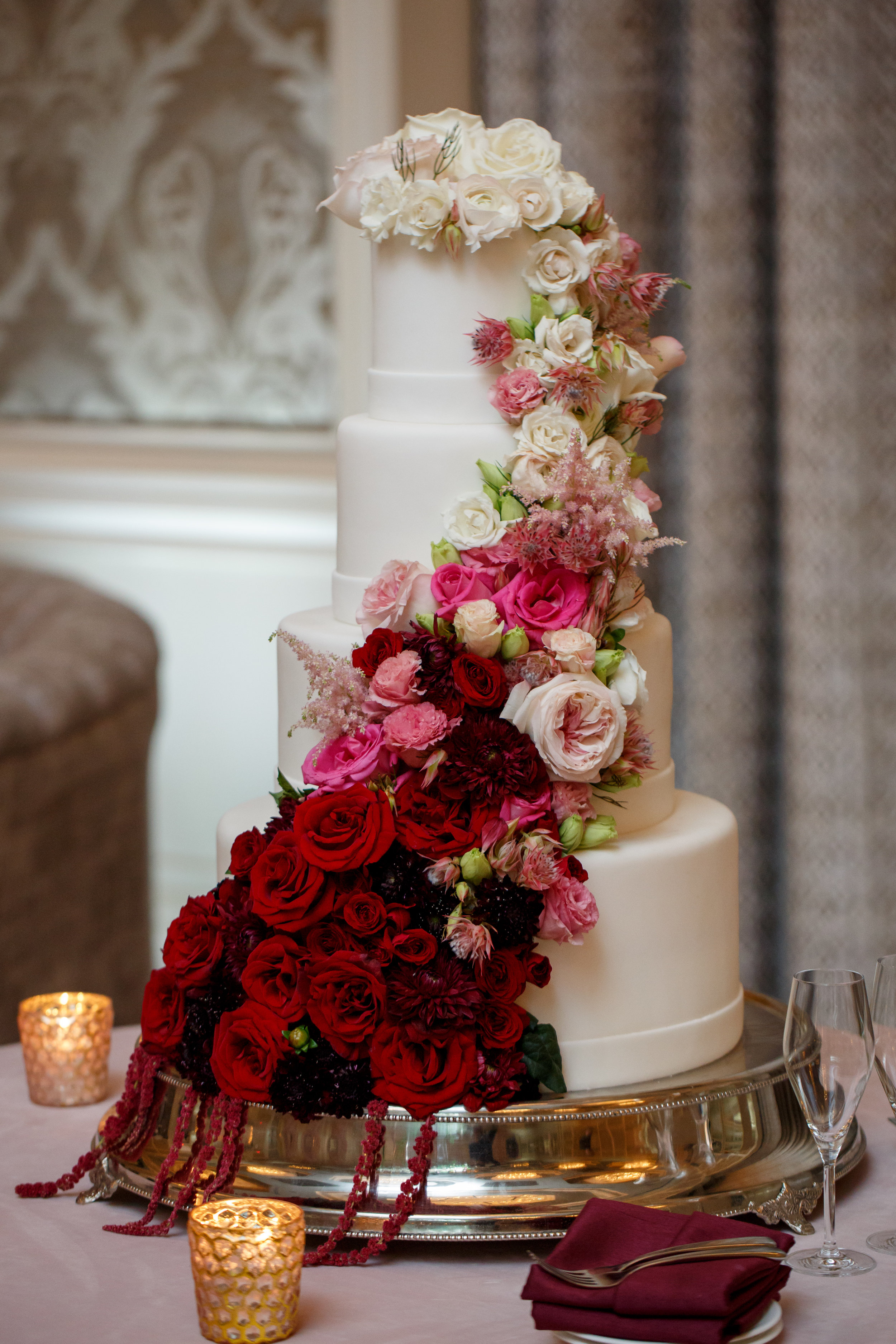 Burgundy and Blush ombre cascade floral cake Four Seasons