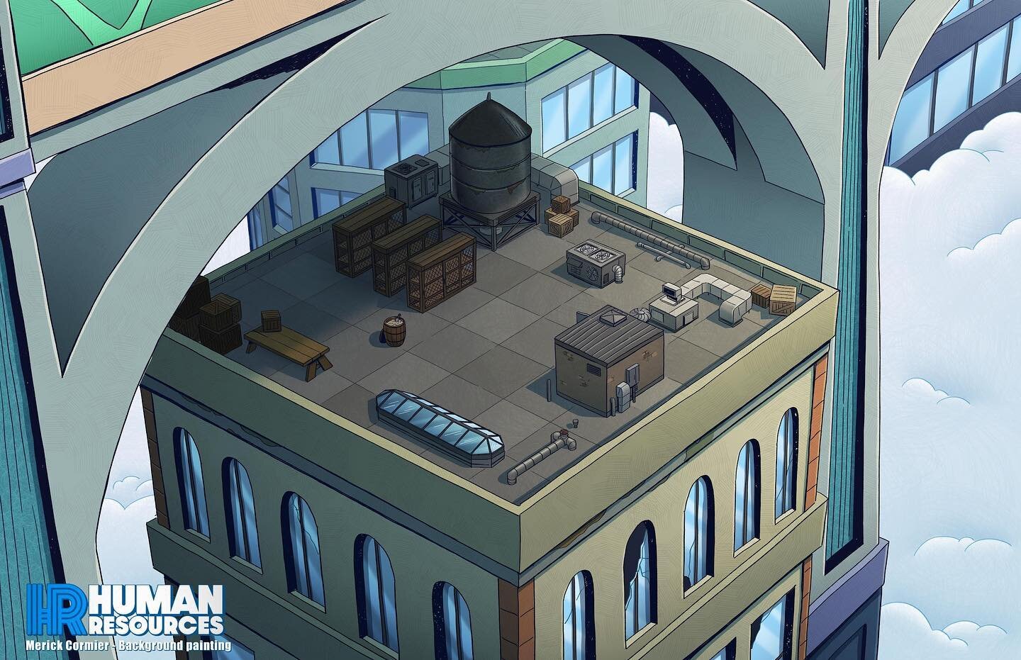 A sequence I had the opportunity to paint on @humanresourcesnetflix  season 2. This sequence of backgrounds were called &ldquo;dick whisperer rooftop building&rdquo;.
.
.
#drawing #painting #animation #backgroundpainting #backgroundesign #humanresour