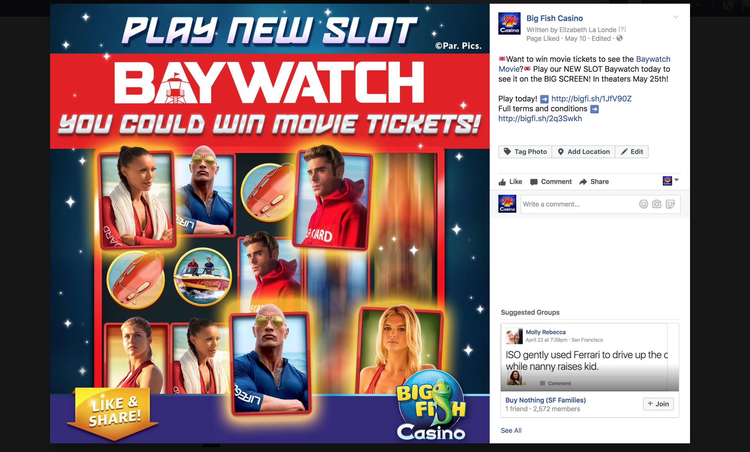 Big Fish Casino - Facebook Post #1 - BAYWATCH Movie Tickets.png